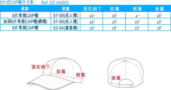 6片式帽子尺寸 